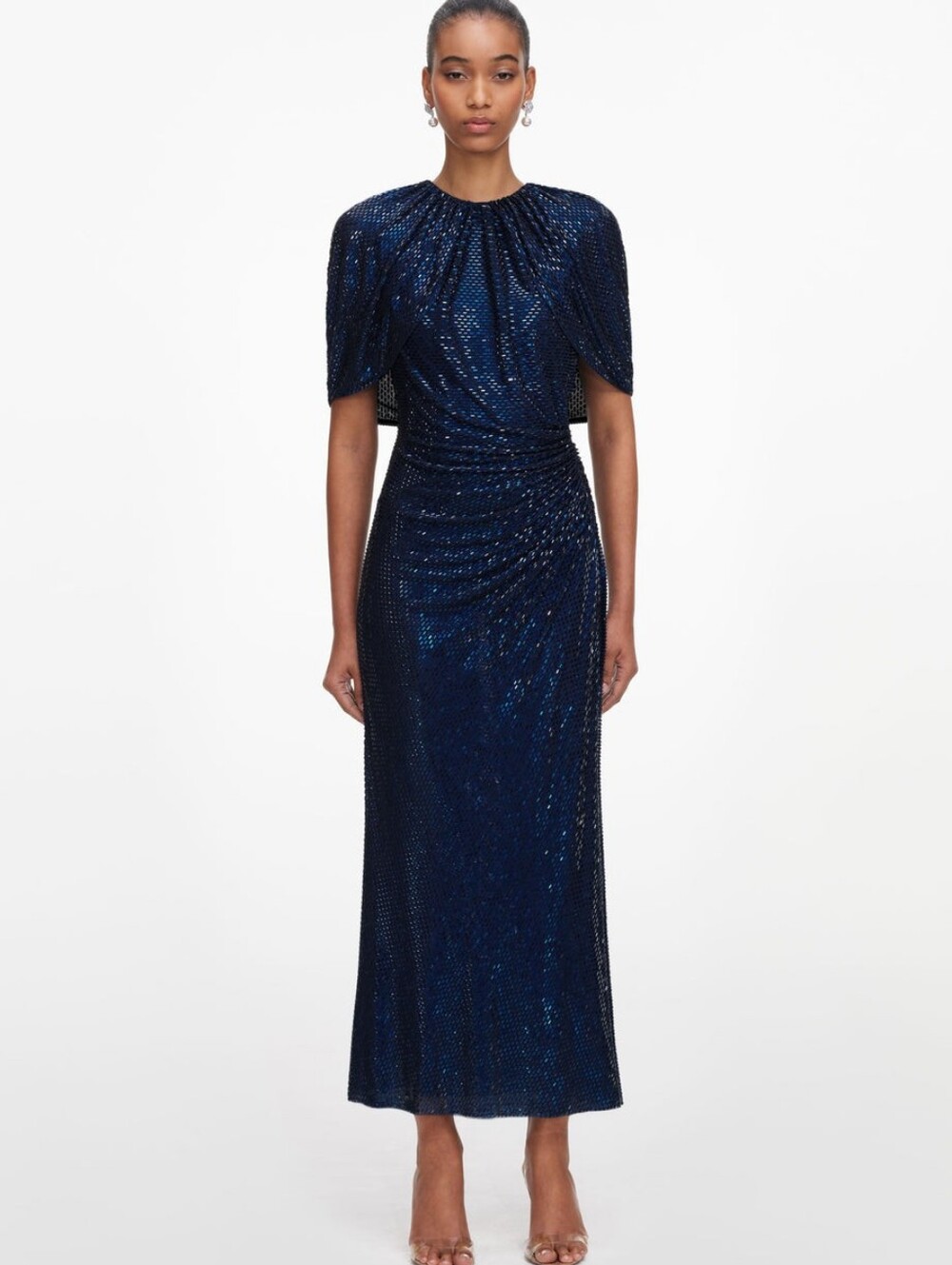 Self Portrait Navy Rhinestone Cape Sleeve Midi Dress